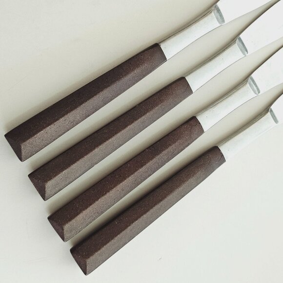 4 Woodwind Dinner Knife 8" wood-like handle vtg midcentury boho minimalist mixed - Picture 9 of 9